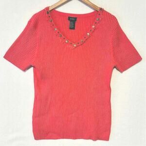 RQT Sweater Womens Sz XL Studded Embellished V-Neck Ribbed Knit Coral Feminine